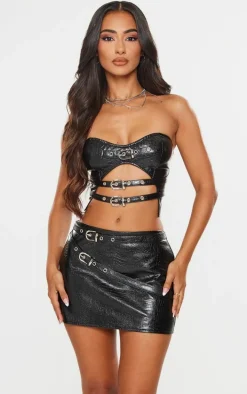 Petite Black Belt Detail Croc Faux Leather Mini Skirt