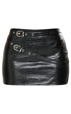 Petite Black Belt Detail Croc Faux Leather Mini Skirt