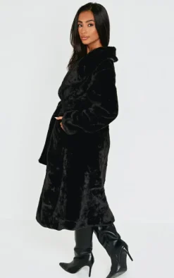 Petite Black Belted Faux Fur Coat