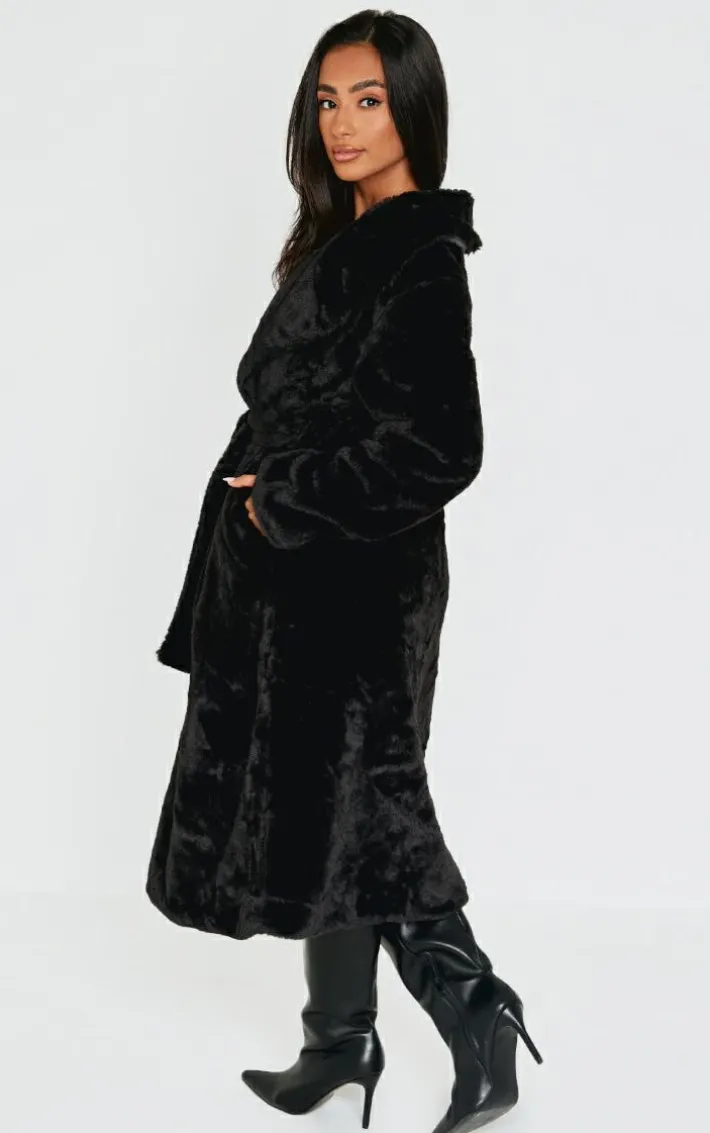 Petite Black Belted Faux Fur Coat