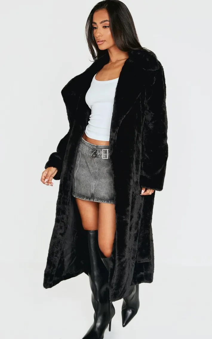 Petite Black Belted Faux Fur Coat
