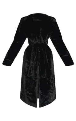 Petite Black Belted Faux Fur Coat