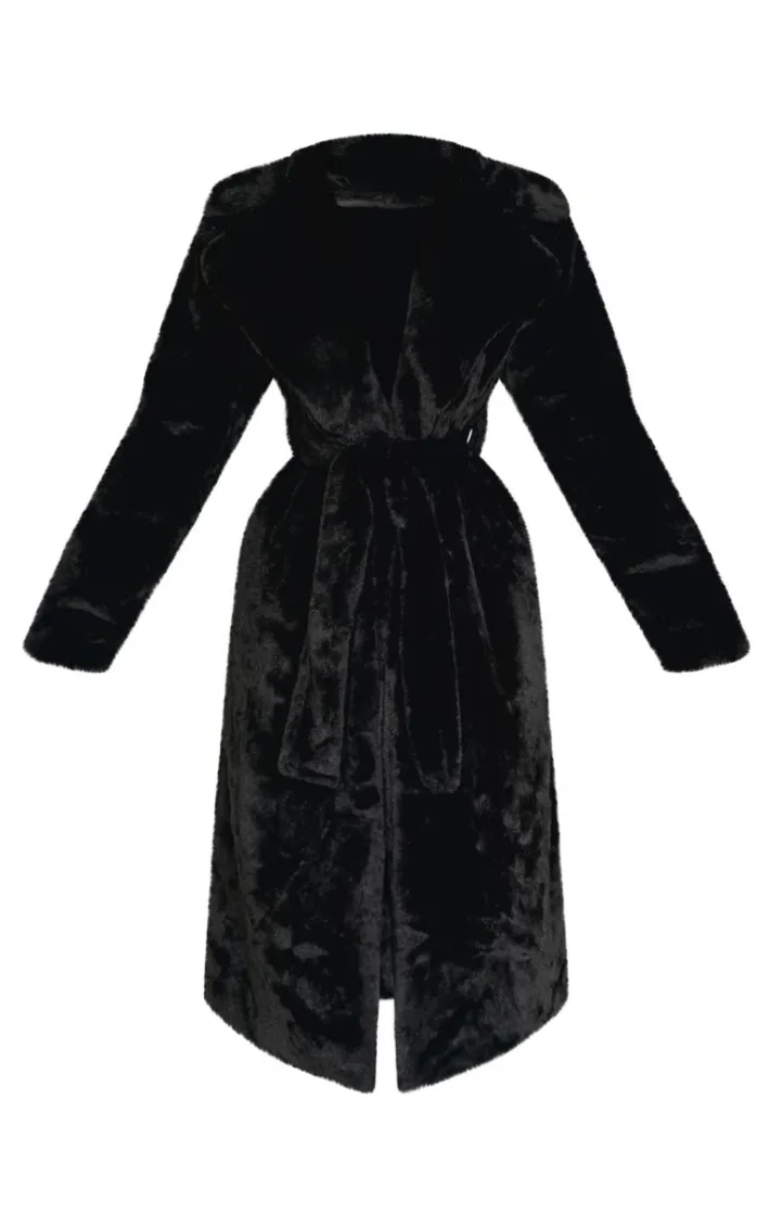 Petite Black Belted Faux Fur Coat