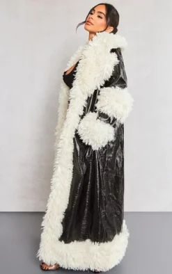 Petite Black Borg Trim Midi Coat