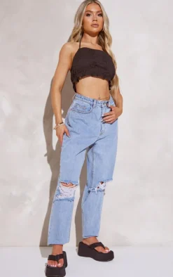 Petite Black Broderie Halterneck Crop Top