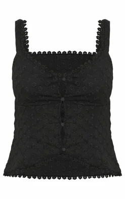 Petite Black Broderie Trim Detail Fitted Top