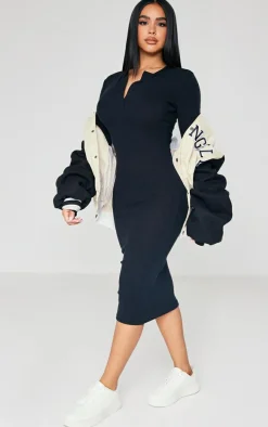 Petite Black Brushed Rib Midi Dress