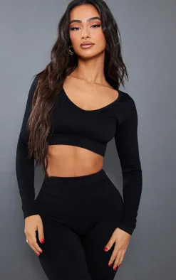 Petite Black Bubble Ribbed Contour Long Sleeve Crop Top