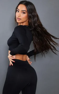 Petite Black Bubble Ribbed Contour Long Sleeve Crop Top