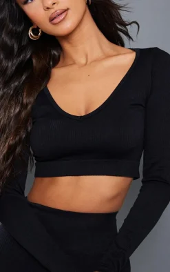 Petite Black Bubble Ribbed Contour Long Sleeve Crop Top