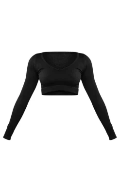 Petite Black Bubble Ribbed Contour Long Sleeve Crop Top