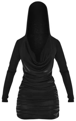 Petite Black Burnout Mesh Cowl Neck Hooded Mini Dress