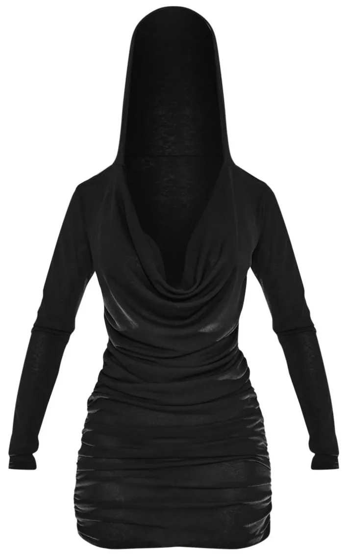 Petite Black Burnout Mesh Cowl Neck Hooded Mini Dress
