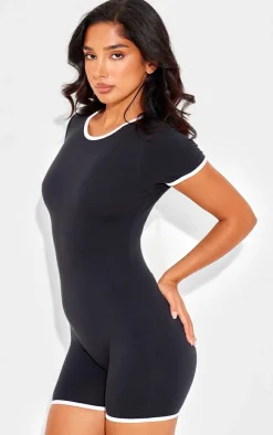 Petite Black Cap Sleeve Binding Detail Unitard