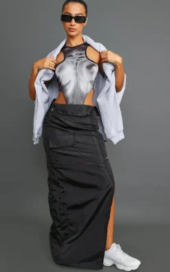 Petite Black Cargo Fold Over Waistband Midaxi Skirt