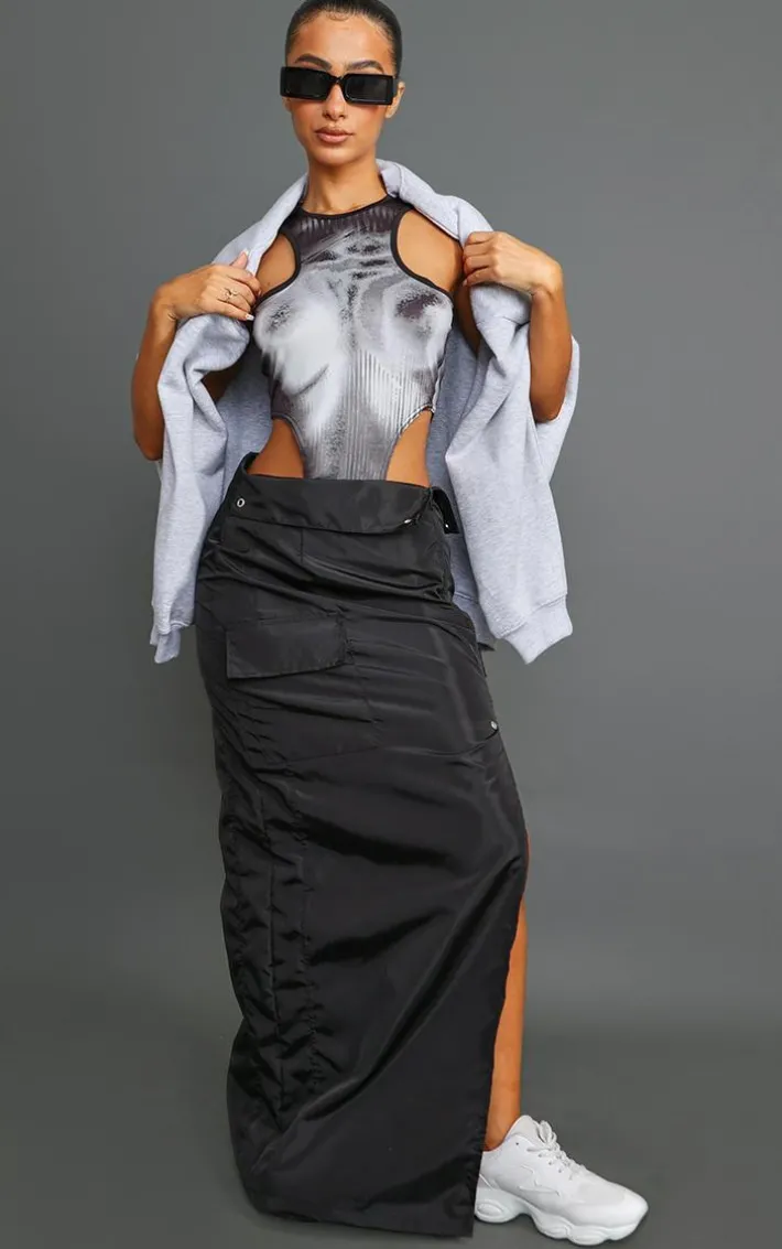 Petite Black Cargo Fold Over Waistband Midaxi Skirt