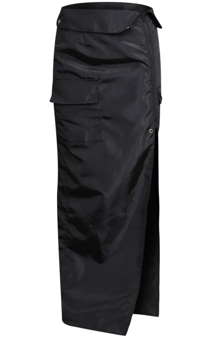 Petite Black Cargo Fold Over Waistband Midaxi Skirt