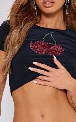 Petite Black Cherry Diamante Slinky Crop Top