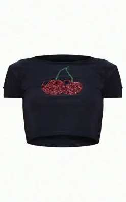 Petite Black Cherry Diamante Slinky Crop Top