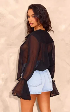 Petite Black Chiffon Ruffle Tie Detail Top