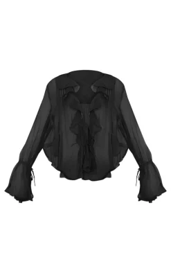 Petite Black Chiffon Ruffle Tie Detail Top