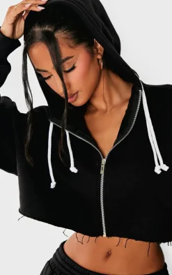 Petite Black Contrast Drawstring Cropped Zip Up Hoodie