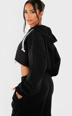 Petite Black Contrast Drawstring Cropped Zip Up Hoodie