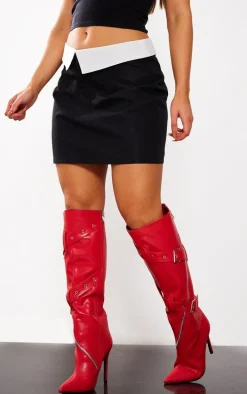 Petite Black Contrast Fold Over Mini Skirt