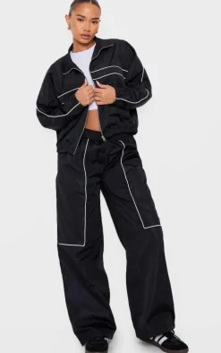 Petite Black Contrast Piping Shell Track Pants