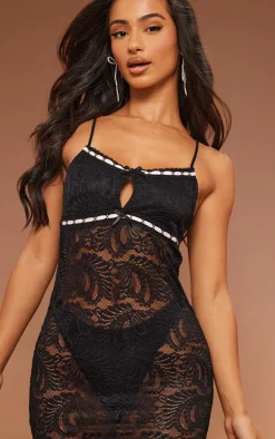 Petite Black Contrast Stitch Lace Midaxi Dress