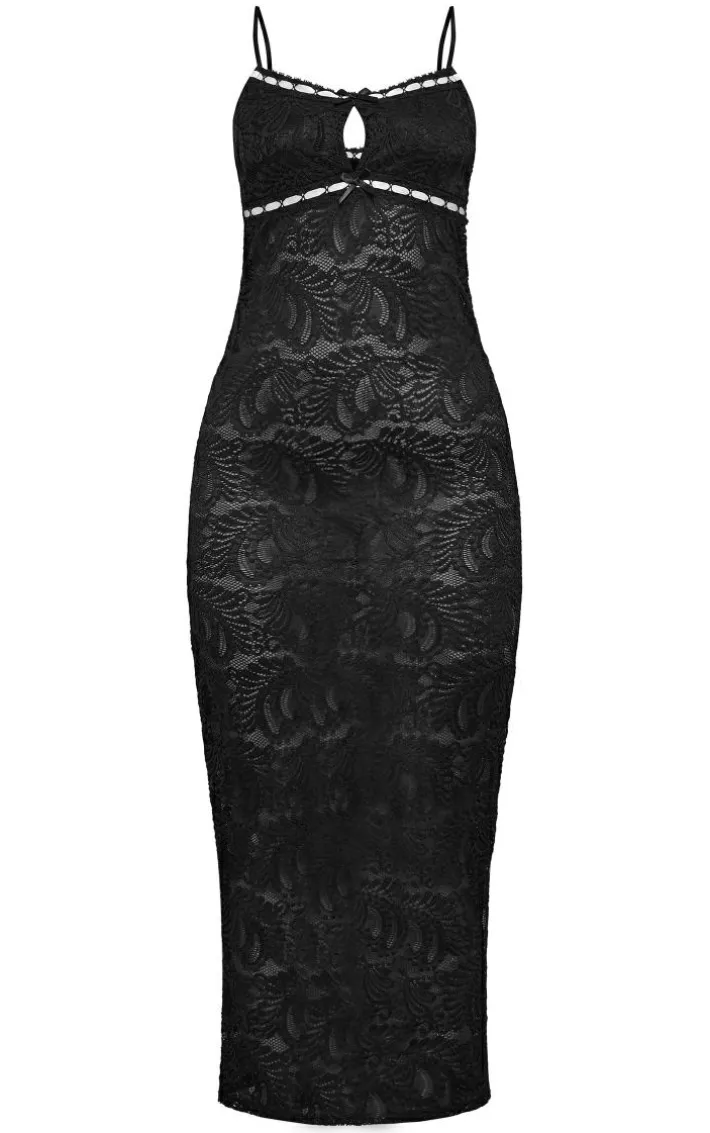 Petite Black Contrast Stitch Lace Midaxi Dress