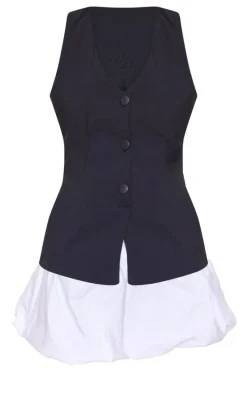 Petite Black Contrast Tailored Puffball Shift Dress