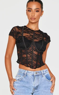 Petite Black Corset Detail Lace Top