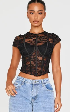 Petite Black Corset Detail Lace Top