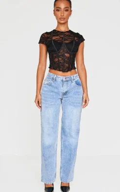 Petite Black Corset Detail Lace Top