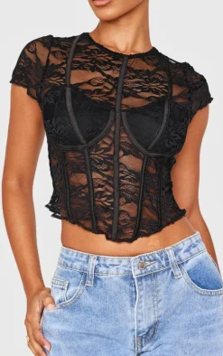 Petite Black Corset Detail Lace Top