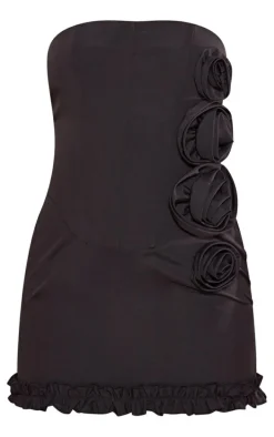 Petite Black Corset Mini Dress With Rose Details