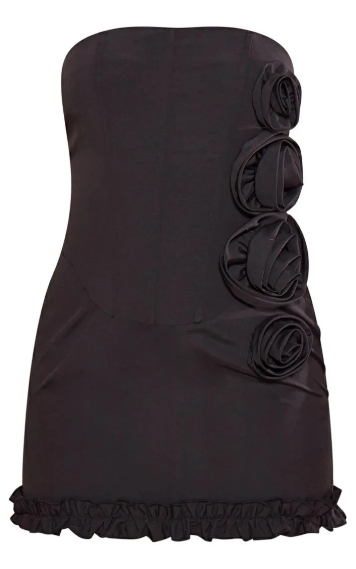 Petite Black Corset Mini Dress With Rose Details