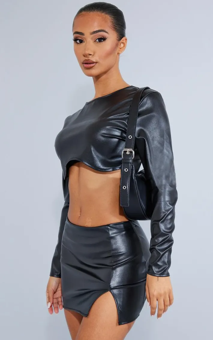 Petite Black Cracked Faux Leather Longsleeve Top