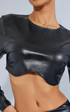 Petite Black Cracked Faux Leather Longsleeve Top