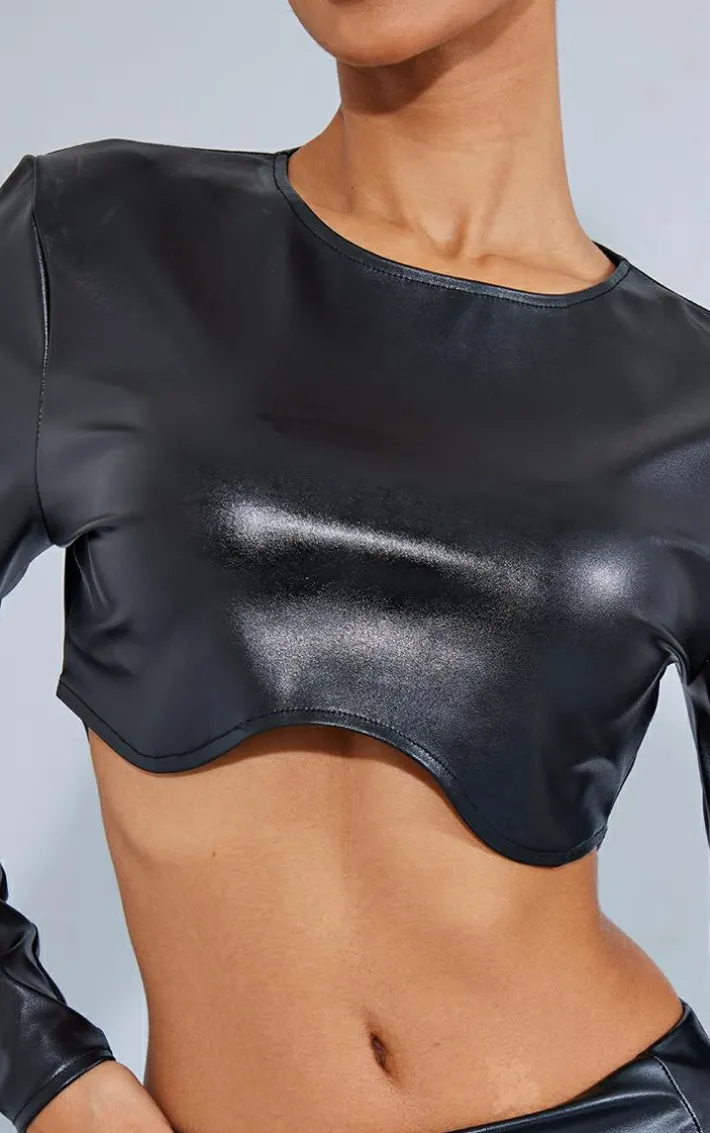 Petite Black Cracked Faux Leather Longsleeve Top