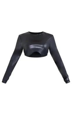 Petite Black Cracked Faux Leather Longsleeve Top