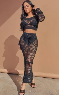 Petite Black Crochet Long Sleeve Crop Top