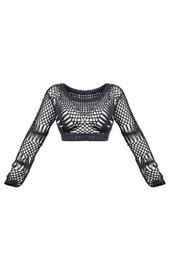 Petite Black Crochet Long Sleeve Crop Top