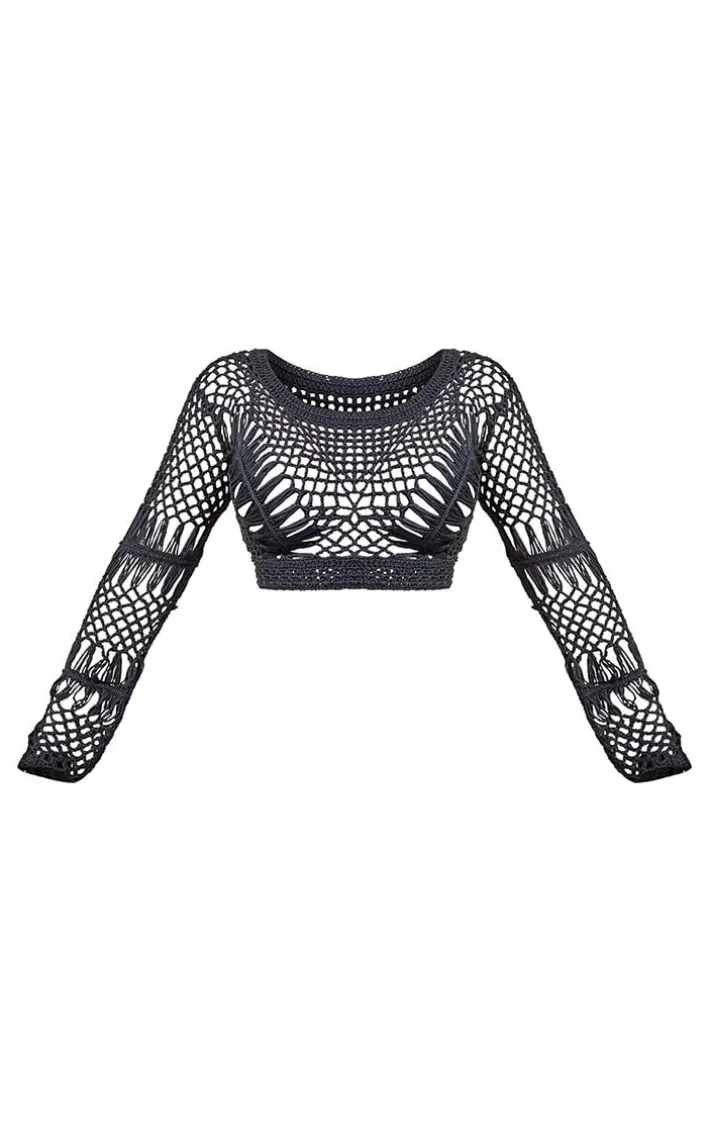 Petite Black Crochet Long Sleeve Crop Top