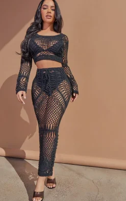 Petite Black Crochet Midi Skirt