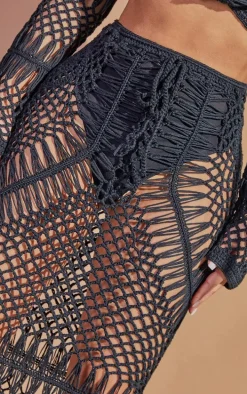 Petite Black Crochet Midi Skirt