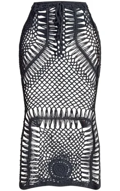 Petite Black Crochet Midi Skirt