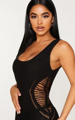 Petite Black Crochet Plunged Maxi Dress
