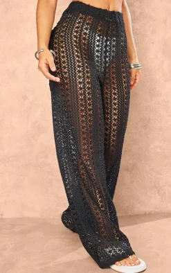 Petite Black Crochet Wide Leg Pants